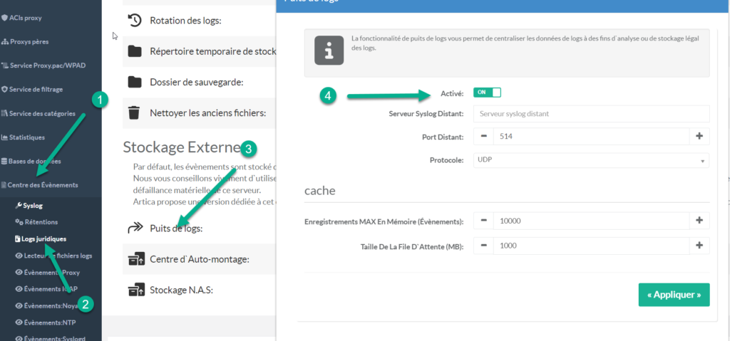 capture d'écran tuto syslog Artica logs juridiques